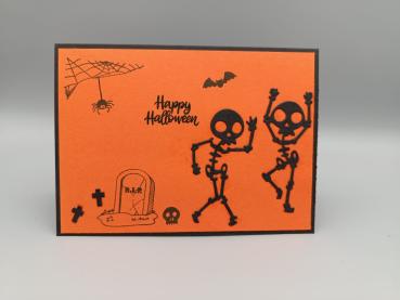 HAPPY HALLOWEEN GRUSSKARTE — Tanzende Skelette auf Orange